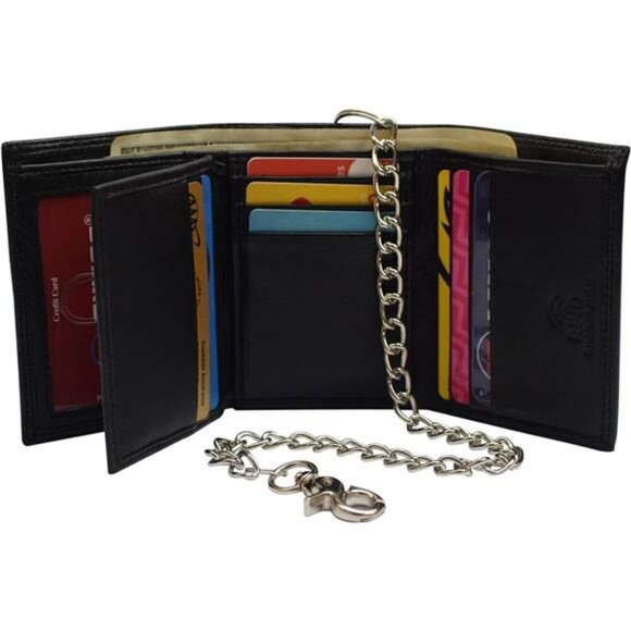 Men's RFID Blocking Premium Leather Chain Trifold Wallet (Black with Chain) - Picture 3 of 7